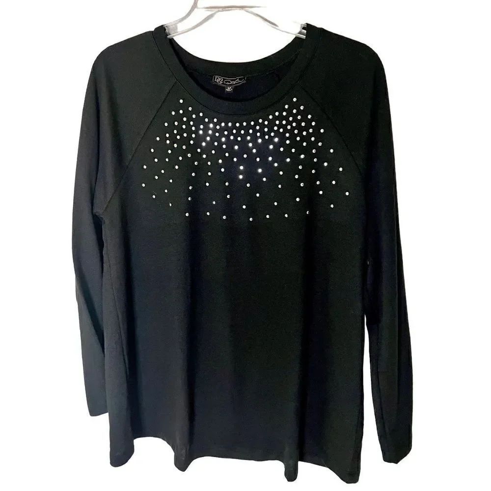 DG2 Diane Gilman Women's Sweater Black Silver Tone Sequins Size M Raglan Sleeve